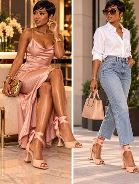 Viviany Nude Patent Peep-Toe Heels with Pink Ankle Ties – Size 11 🎀✨